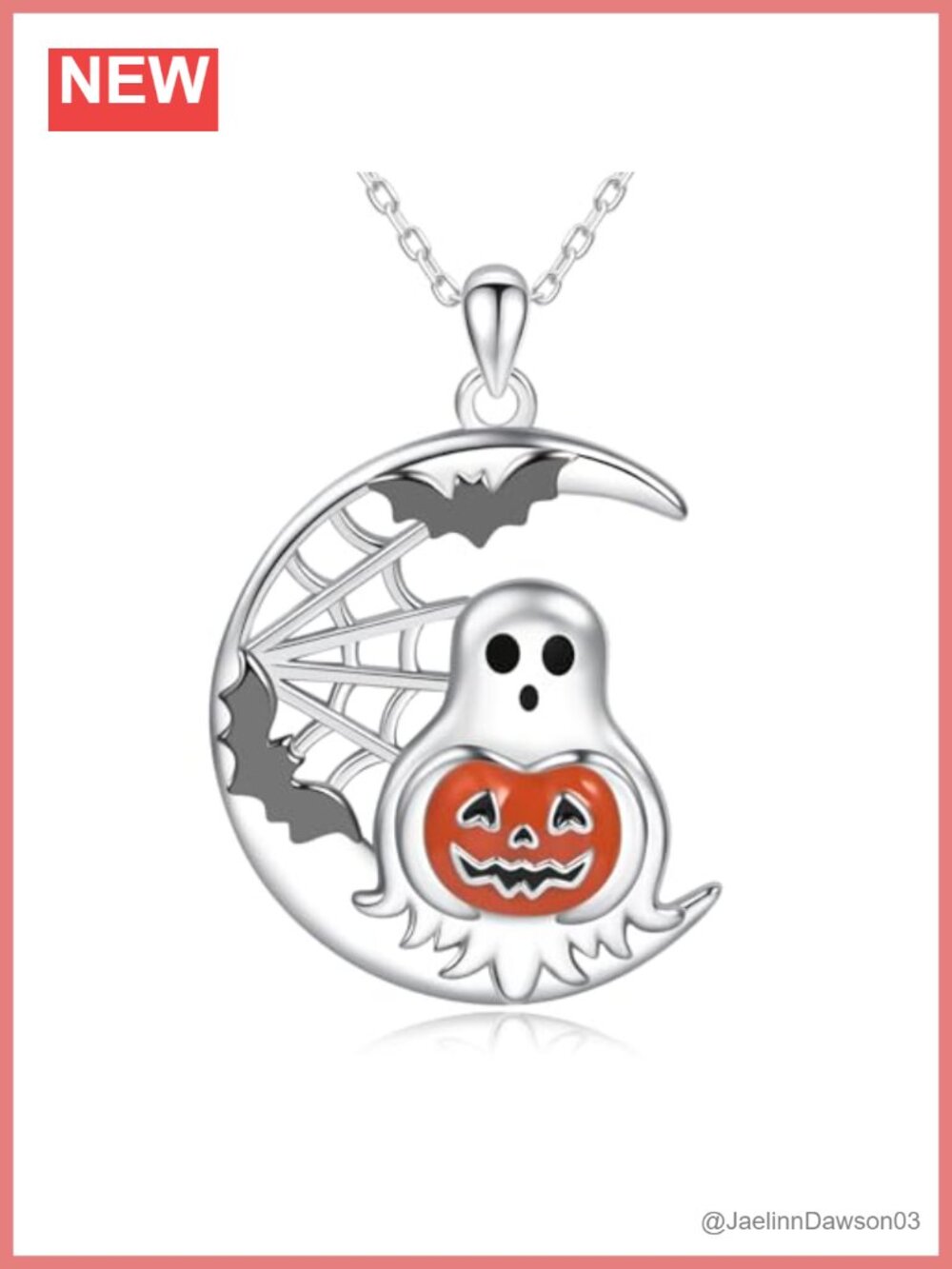 S925 Sterling Silver Bat Ghost Pumpkin Moon Pendant Necklace 18in Chain